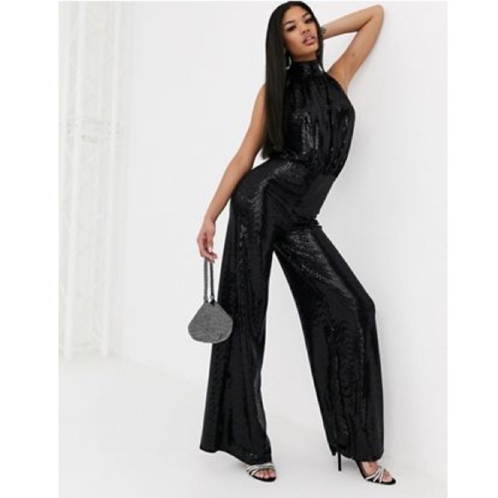 Flounce London glitter highneck jumpsuit in black, US size 8, black glitter